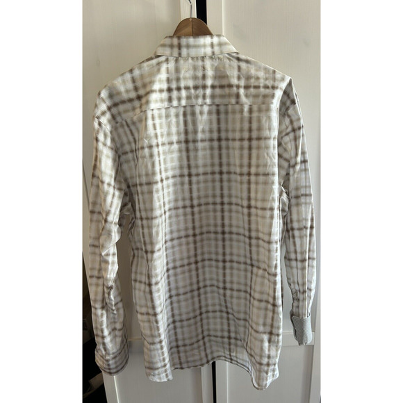 Bugatchi Mens Long Sleeve cream and tan button Up Shaped Fit Dress Shirt XTall - Picture 9 of 9